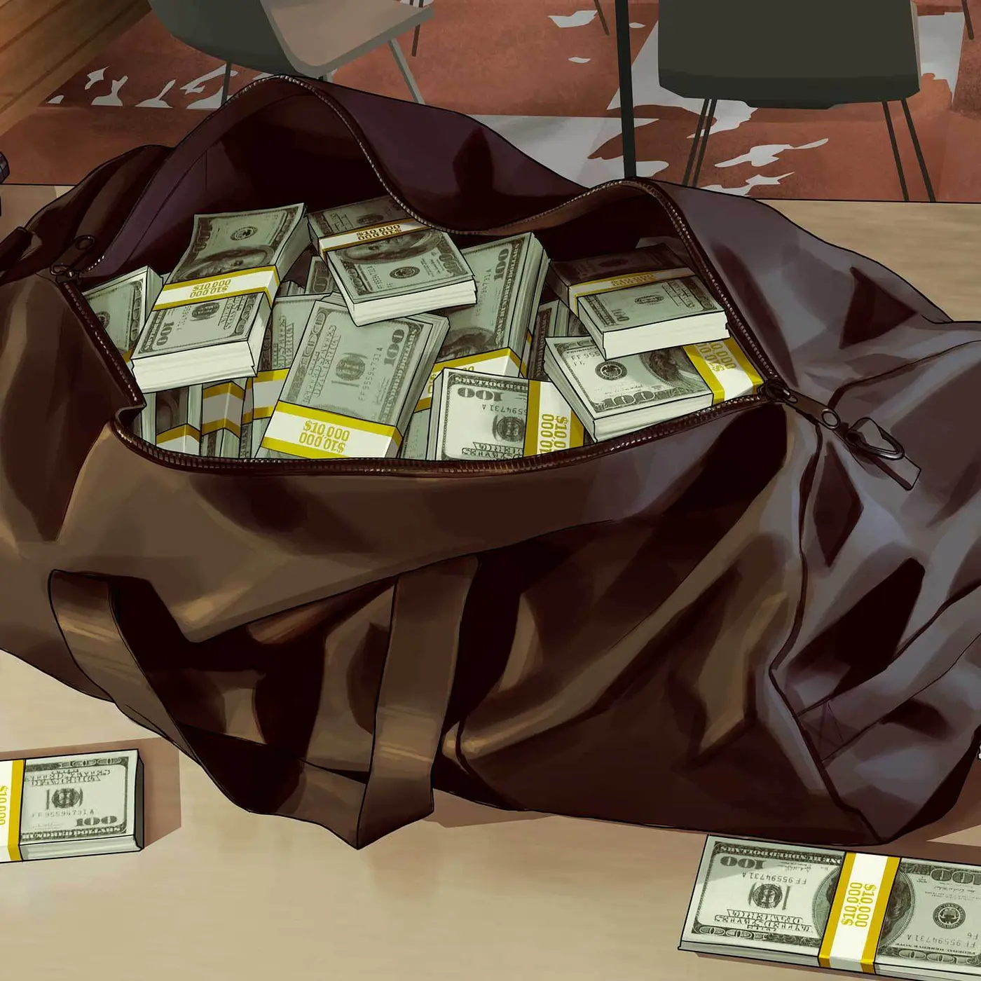 An open duffel bag overflowing with strapped bundles of hundred-dollar bills, sitting on the ground in GTA Online