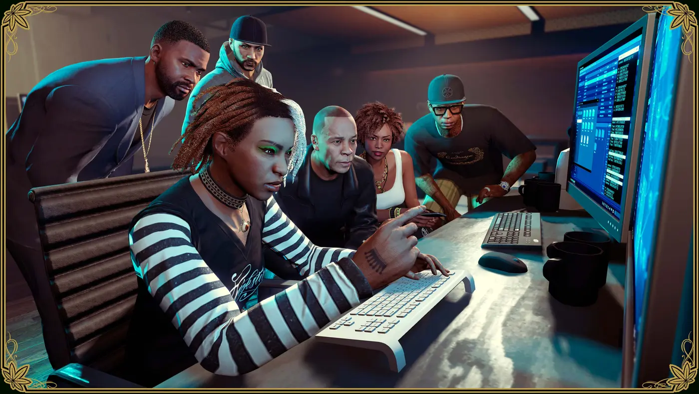 The Agency crew in GTA Online gathered around a large computer screen: hacker Imani at the keyboard, Franklin, Lamar, and other characters leaning in behind her in the dim office