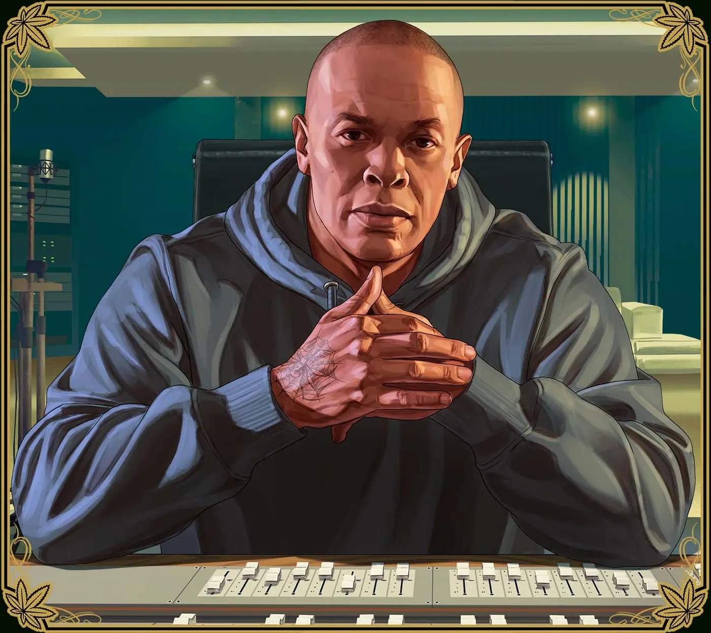 Official illustration of Dr. Dre in a recording studio, hands clasped in front of a mixing console, in the GTA style