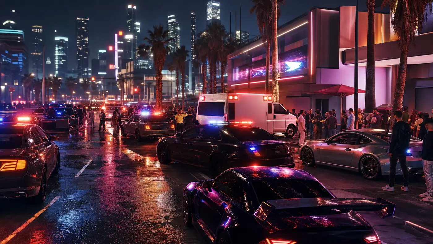 GTA-style night scene: a busy Los Santos street, police cars with flashing blue and red lights and an ambulance, civilians and characters on neon-lit sidewalks, a snapshot of a packed roleplay server