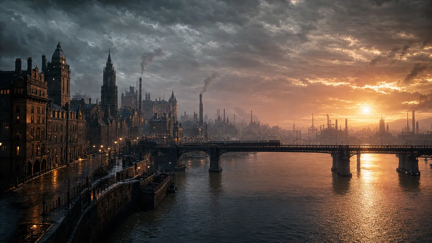 A Scottish industrial city at dusk on the bank of a wide river, sandstone buildings and a long road bridge, a stormy sky pierced by orange light reflecting on the water