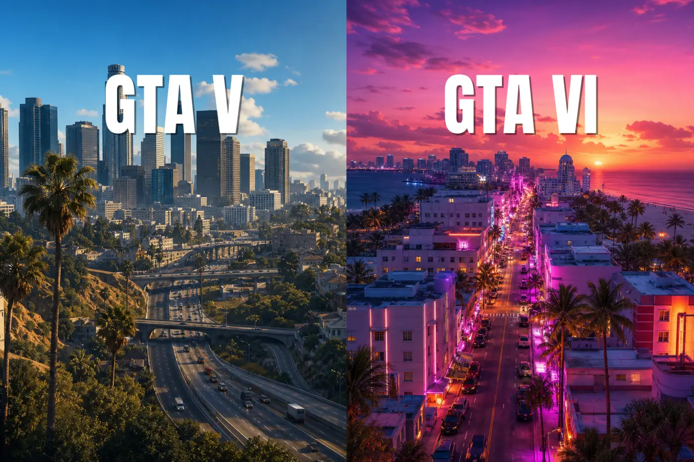 Sunny Los Santos from GTA 5 on the left, neon-lit Vice City from GTA VI on the right