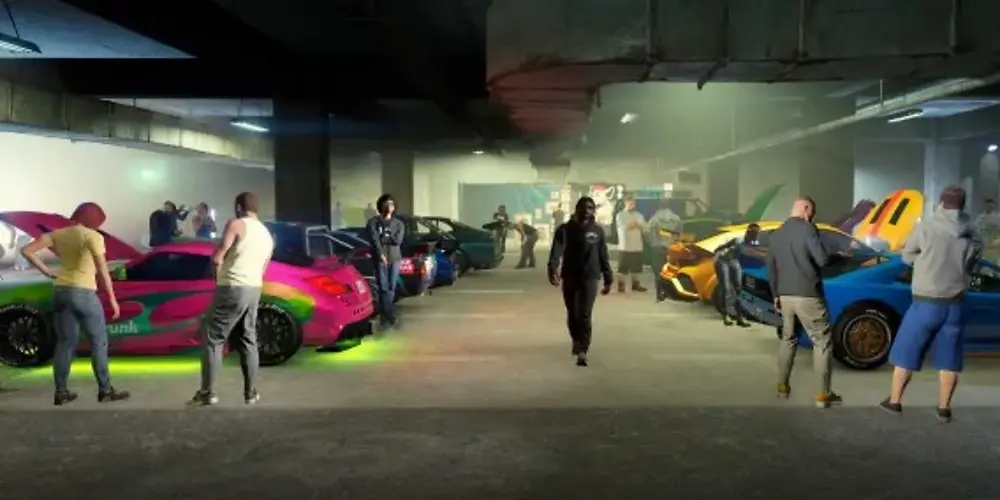 The GTA Online LS Car Meet, a neon-lit underground parking lot where two rows of colorful tuned cars are on display and players wander between them