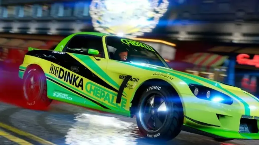 A green and yellow Dinka convertible covered in sponsor decals drifting at night on a wet Los Santos road