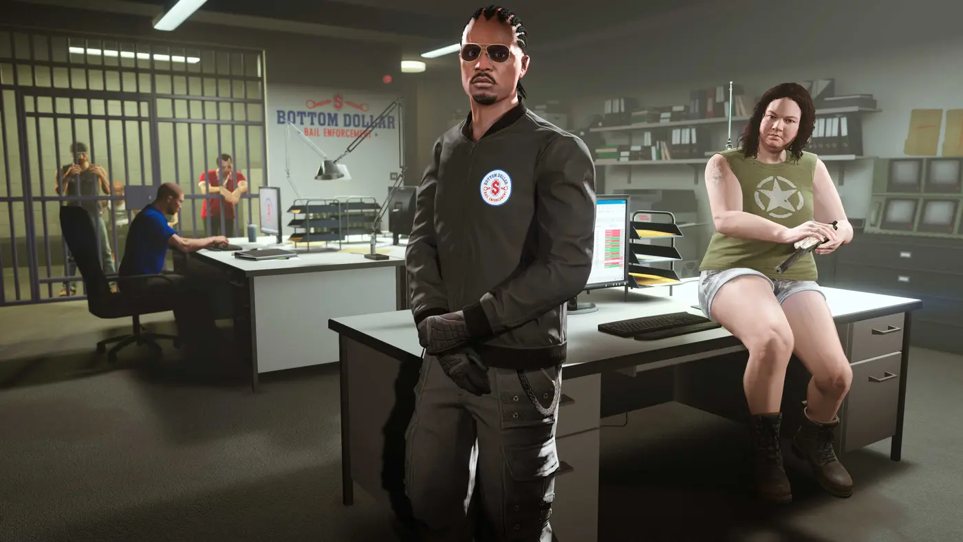 Inside a GTA Online Bail Office: Jenette Eccles perched on the corner of a desk on the right, an agent in a Bottom Dollar jacket in the center, a holding cell with two prisoners and a Bail Enforcement System computer on the left, walls of case files and CCTV screens