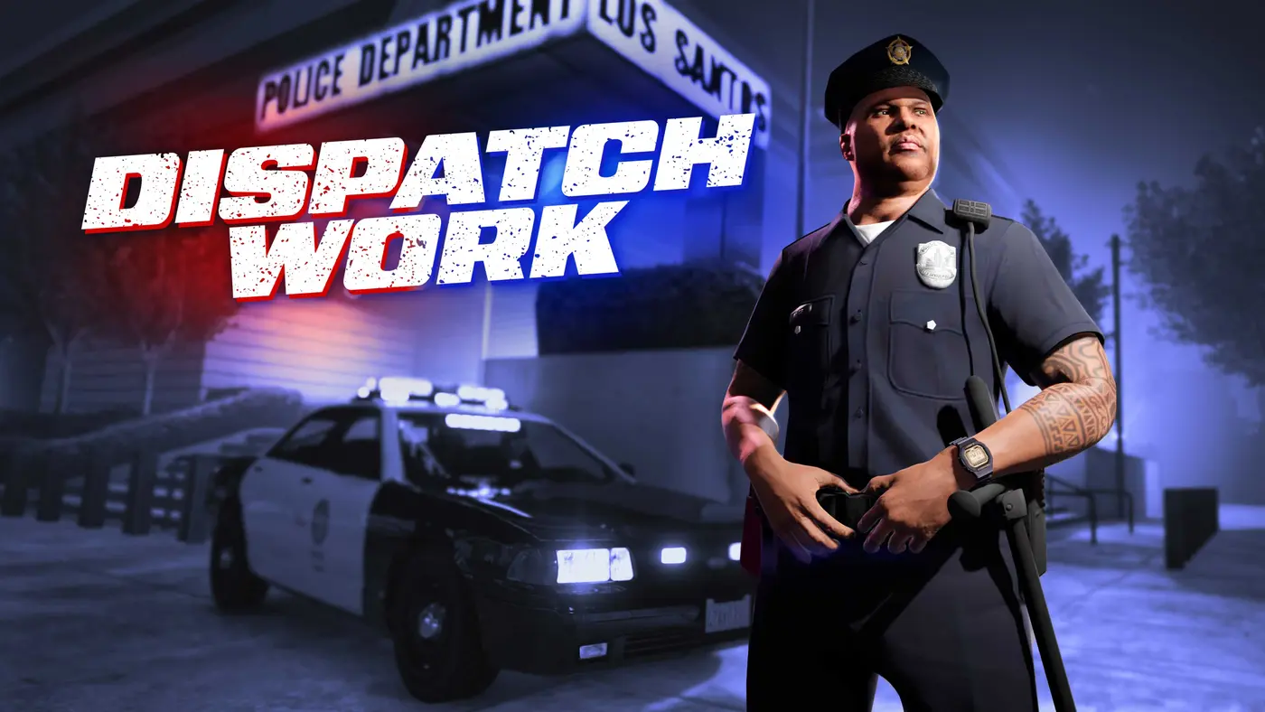 Official Bottom Dollar Bounties Dispatch Work artwork: LSPD Officer Vincent Effenburger in a dark uniform stands in front of a patrol car and the Police Department Los Santos sign lit in blue and red