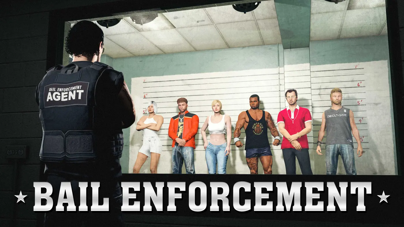 Official Bottom Dollar Bounties artwork: an agent seen from behind in a Bail Enforcement Agent vest watches a lineup of six suspects against a height chart through a one-way mirror, with the words Bail Enforcement at the bottom