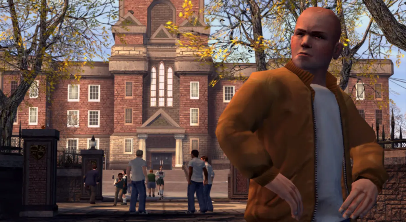 Red-brick gothic facade of Bullworth Academy with its clock tower, autumn-leafed trees, students gathered in front of the gates and Jimmy Hopkins in the foreground