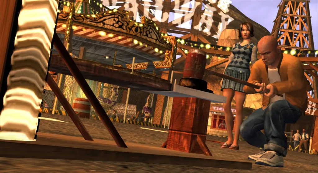 Jimmy crouched holding a wooden plank at the Bullworth carnival, surrounded by rides, a Ferris wheel, a ticket booth and string lights, a student in an argyle uniform standing behind him