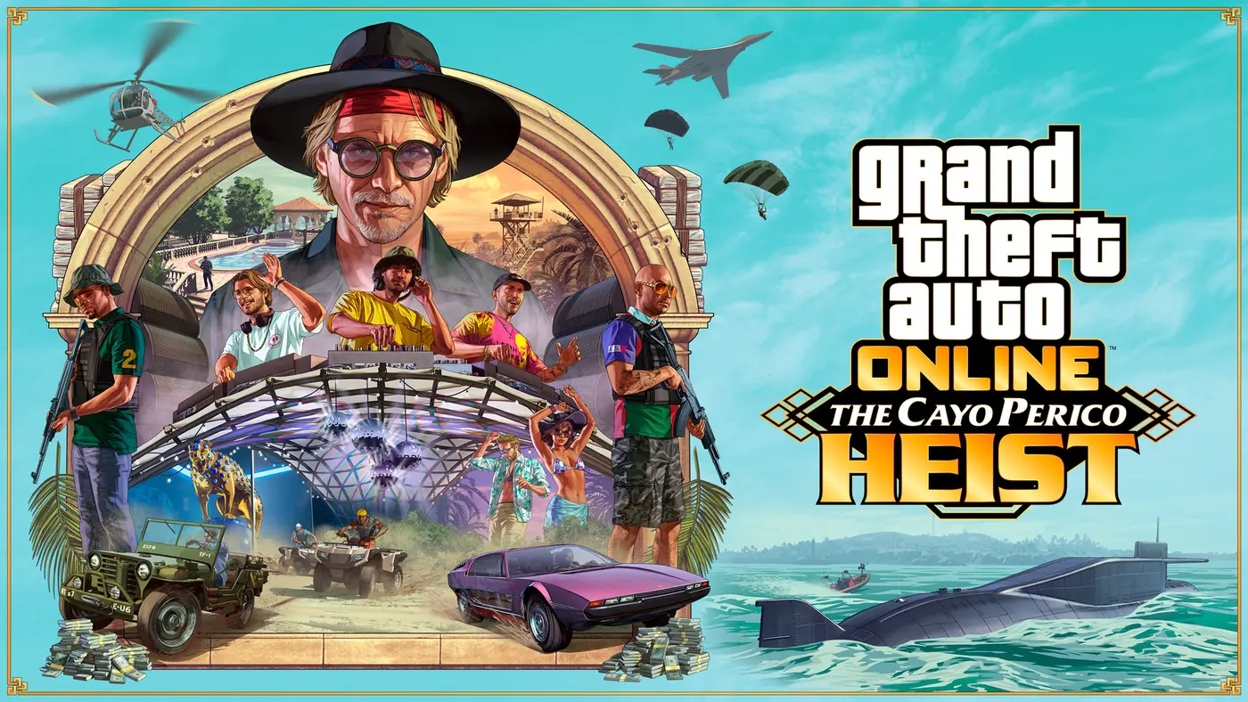 Official Cayo Perico Heist key art: El Rubio at center, his villa and the island rave, approach vehicles, and the Kosatka submarine on the right