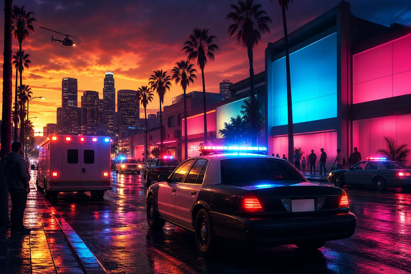 Nighttime GTA-style illustration: a street in an American city like Los Santos in the rain, blue and red flashing lights from police cars and an ambulance, pedestrians on neon-lit sidewalks, a scene evoking a heavily scripted GTA RP server