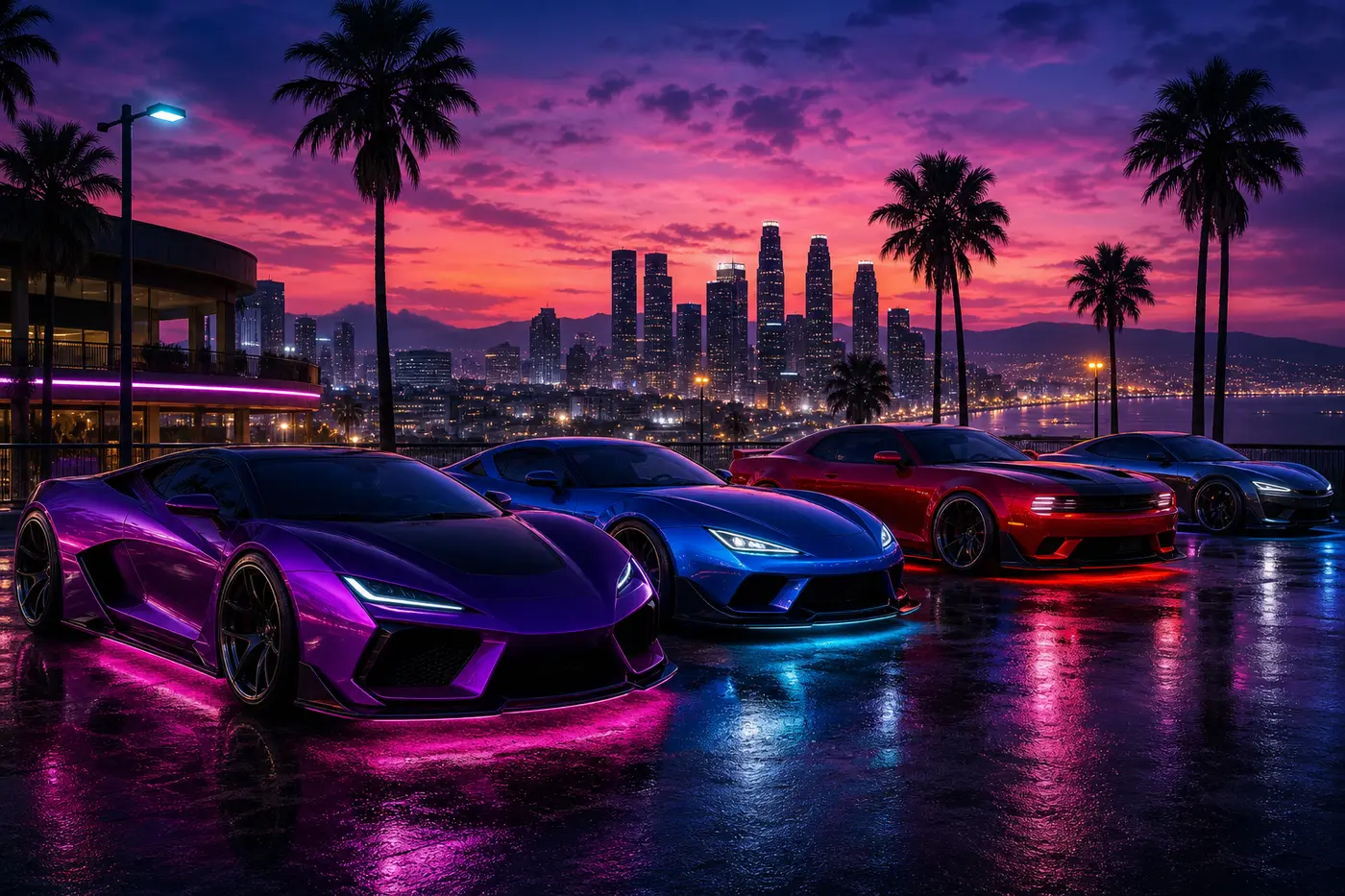 Nighttime GTA-style illustration: a gathering of customized cars lined up under neon lights at a Los Santos overlook facing the bay, supercars and muscle cars with custom bodywork, colorful reflections on wet asphalt, skyline at dusk, car-meet vibe