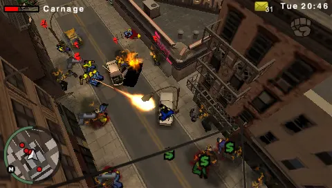 Top-down action scene in GTA Chinatown Wars: a street in full chaos with explosions, burning vehicles, and pedestrians fleeing, a Rampage mode counter at the top of the screen