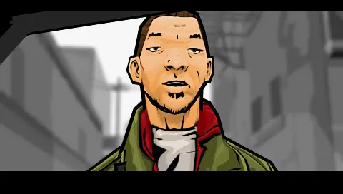 Close-up portrait of Huang Lee, a young man with a goatee wearing a green jacket with a red hood, drawn in a black-outlined comic-book style, in a gray alley in GTA Chinatown Wars