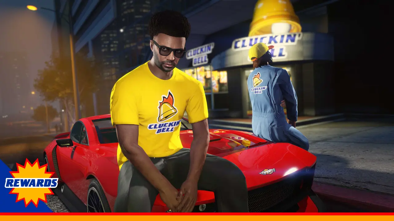 A GTA Online player in a yellow Cluckin' Bell T-shirt sitting on a red sports car in front of a Cluckin' Bell fast-food joint lit up at night, a second player in a blue Cluckin' Bell jumpsuit in the background