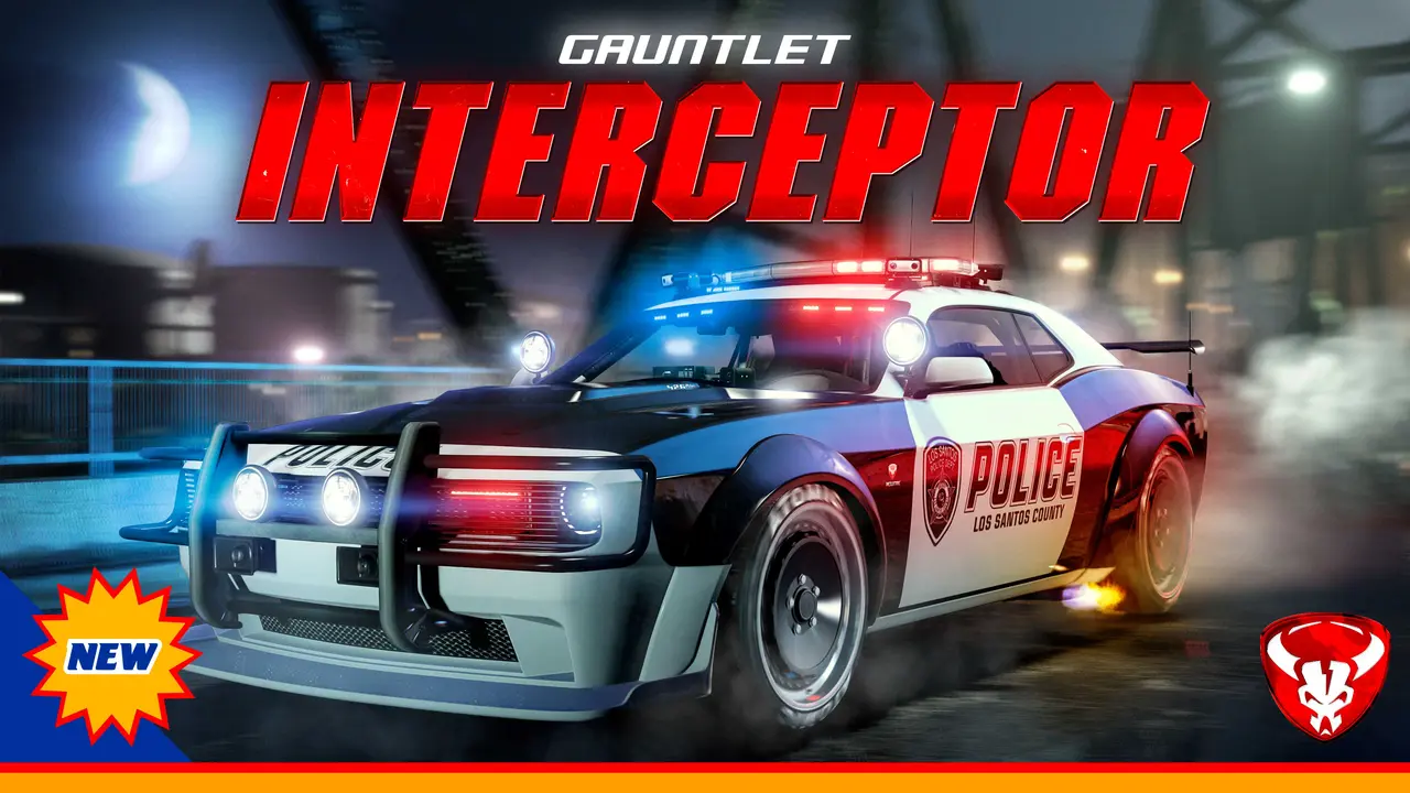 The Bravado Gauntlet Interceptor, a black-and-white police muscle car in Los Santos County livery, light bar flashing on a bridge at night in GTA Online