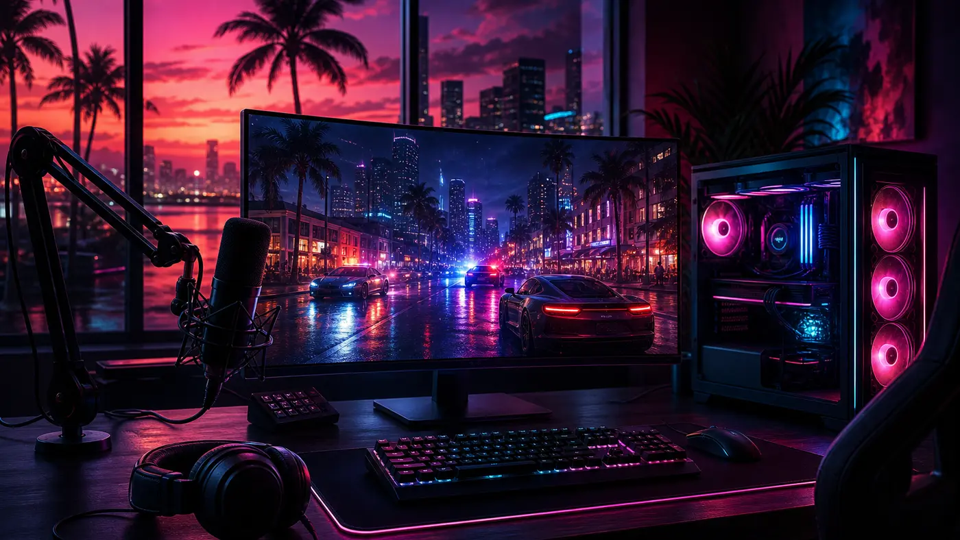Gaming PC setup at night: pink and blue RGB tower, microphone on a boom arm, headset, monitor showing a neon street with police lights, palm trees and a sunset through the window, illustration