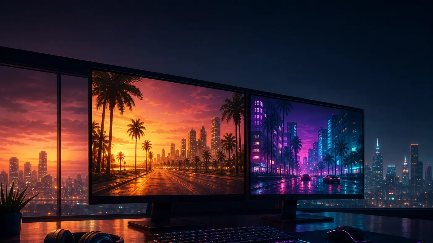 Two GTA V servers side by side on PC monitors in a neon-lit setting, illustration evoking modded multiplayer and roleplay