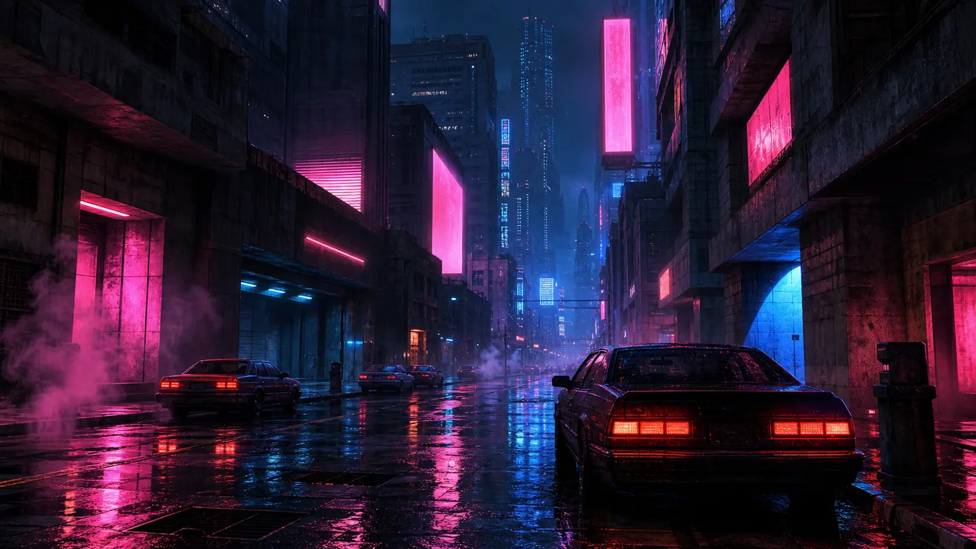 A retro-futuristic night street lit by pink and blue neon, dark skyscrapers and vintage cars, evoking the mood of Anywhere City in GTA 2