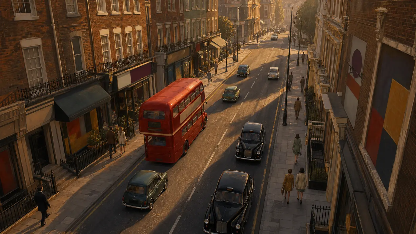 A late-1960s London street seen from above, with black cabs, a red double-decker bus, and small vintage cars, a sepia-toned Swinging Sixties mood