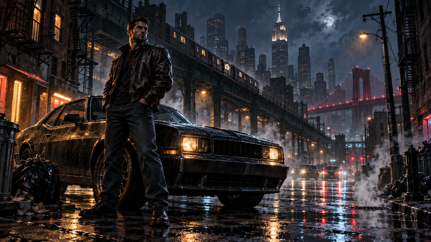 Antihero in a leather jacket leaning against a dark sedan on a rain-soaked, neon-lit Liberty City street at night, with an elevated train, a red suspension bridge and skyscrapers in the distance, crime-thriller key-art style illustration