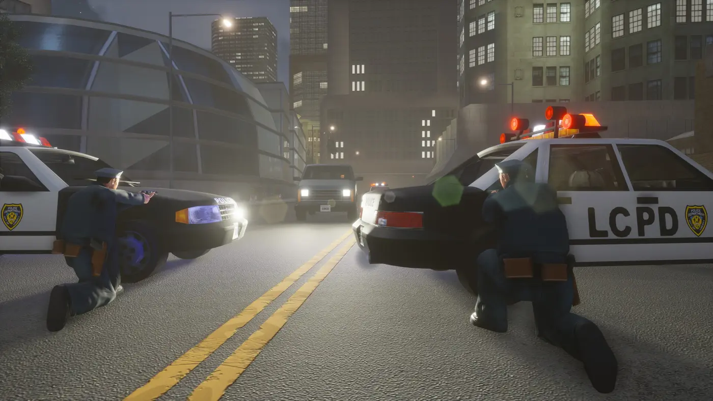 Two LCPD officers crouched behind their patrol cars, pistols drawn, on a downtown Liberty City street at dusk with skyscrapers in the background