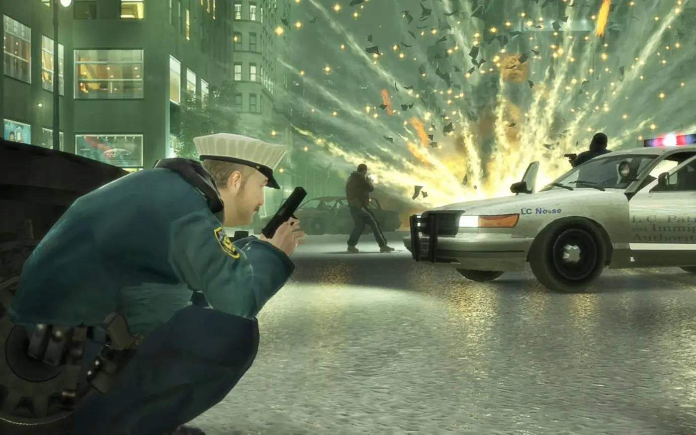 A nighttime shootout in Liberty City: a law enforcement officer crouched with pistol drawn, an explosion and cash flying through the air, a police car, in GTA IV