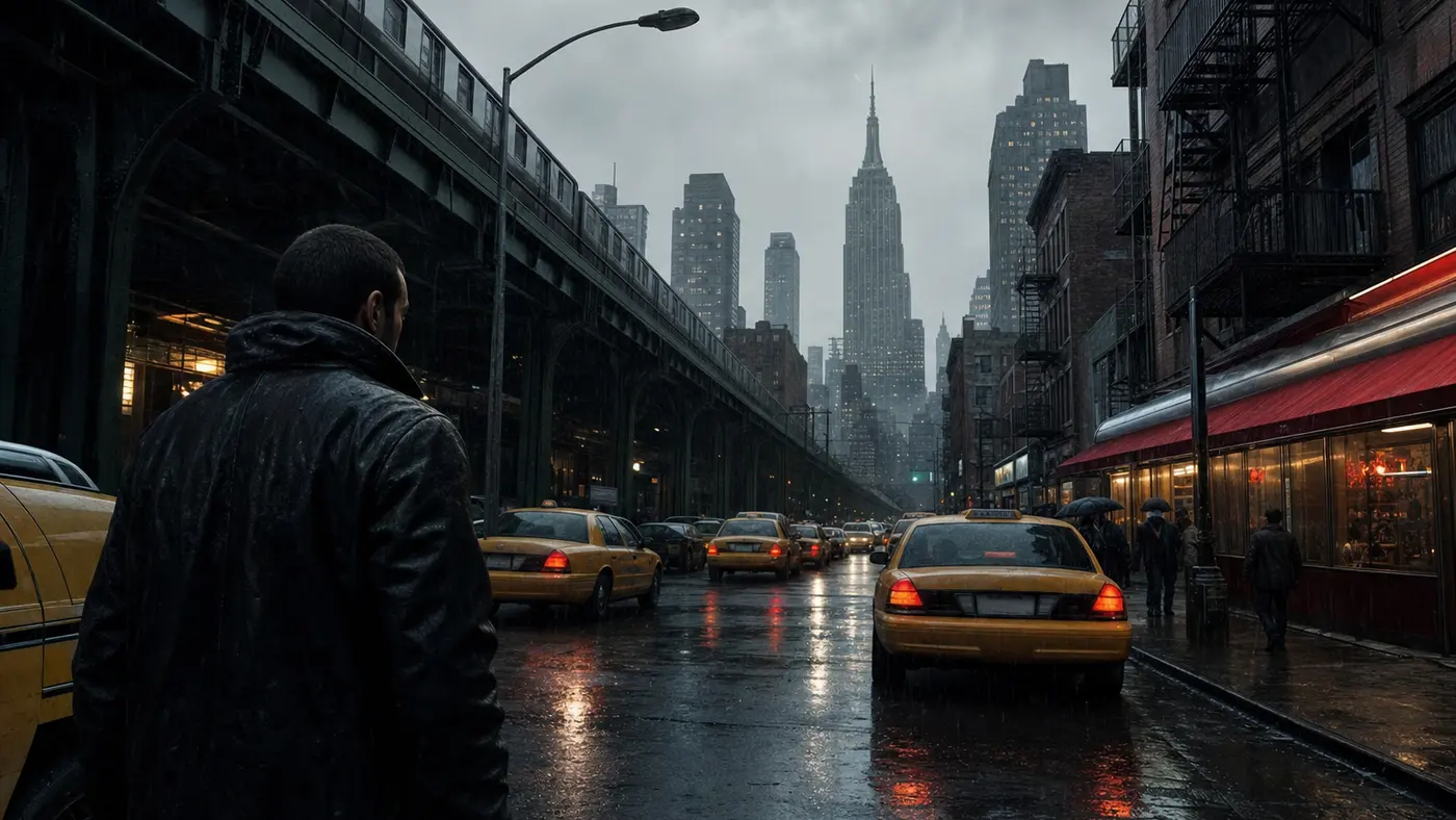 Street in a New York-inspired metropolis in the rain, yellow cabs, brick buildings and storefronts, gray and damp mood in the style of GTA IV