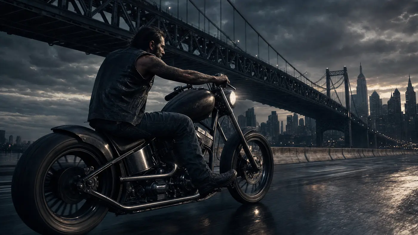 Biker in a leather vest on a chopper crossing a long metal suspension bridge at dusk above a New York-inspired city, dark and rainy mood in the style of GTA IV