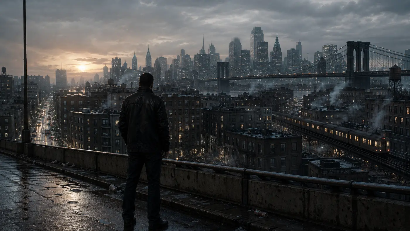 Man in a dark leather jacket, seen from behind on a bridge in the rain, facing the gray, dense skyline of a New York-inspired metropolis at dusk, urban noir mood in the style of GTA IV