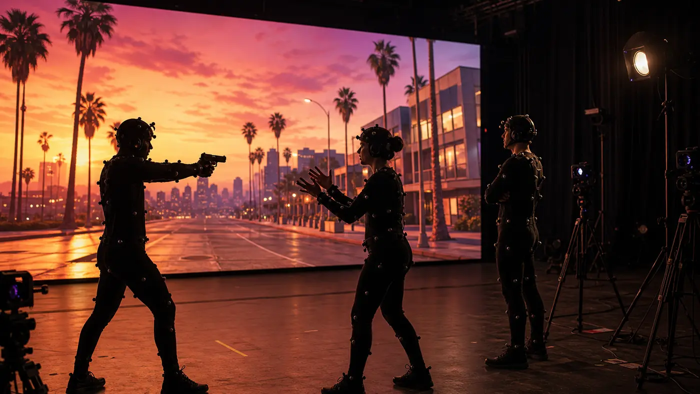 Illustration of a performance capture stage: three actors in marker-covered motion capture suits act out a scene in front of a large screen showing a palm-lined street at sunset