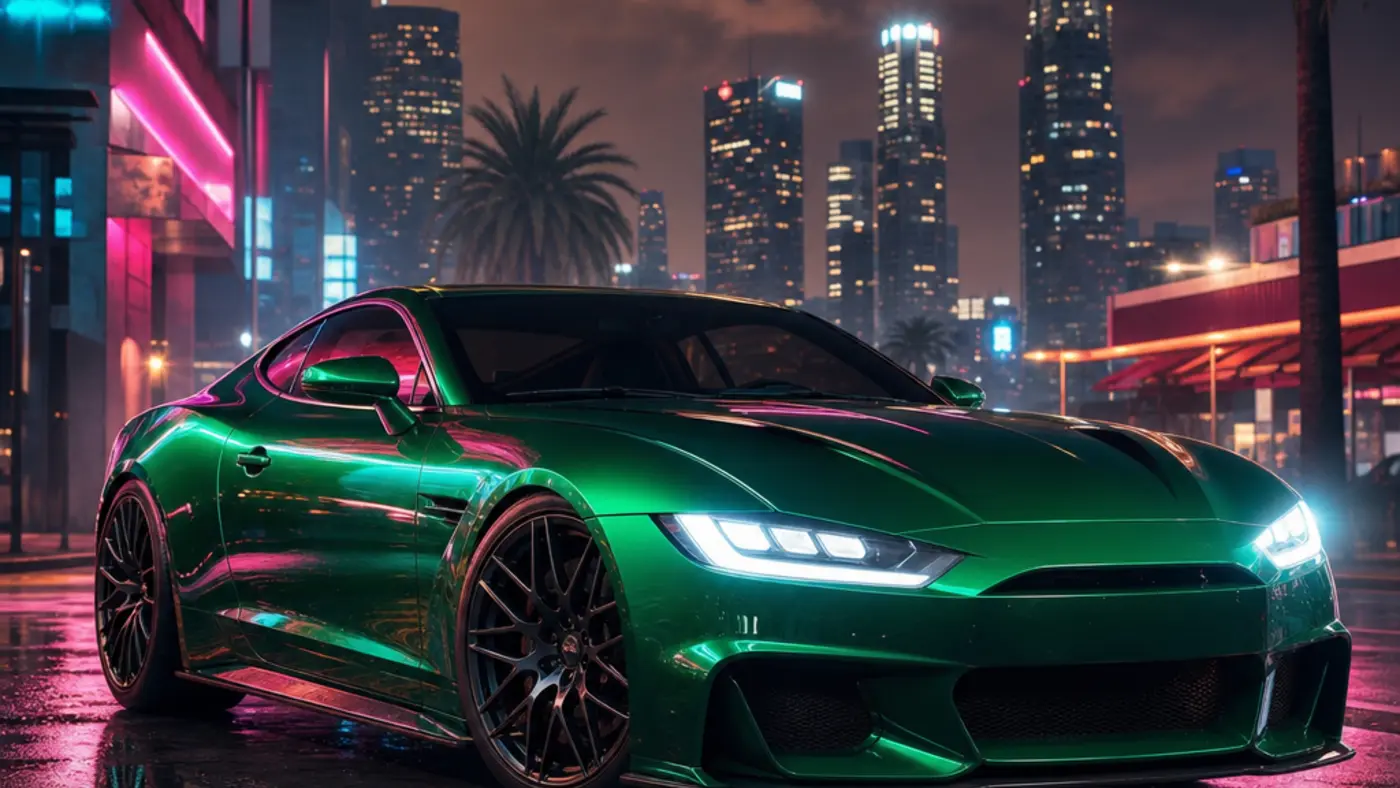Illustration of a long-hooded green sports coupe, inspired by the Banshee GTS, racing along a Los Santos coastal road at dusk