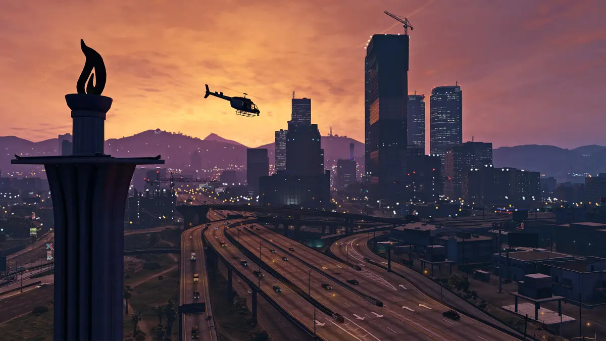 Panorama of Los Santos at dusk in GTA 5, downtown skyscrapers, a helicopter flying over the freeway, orange sky