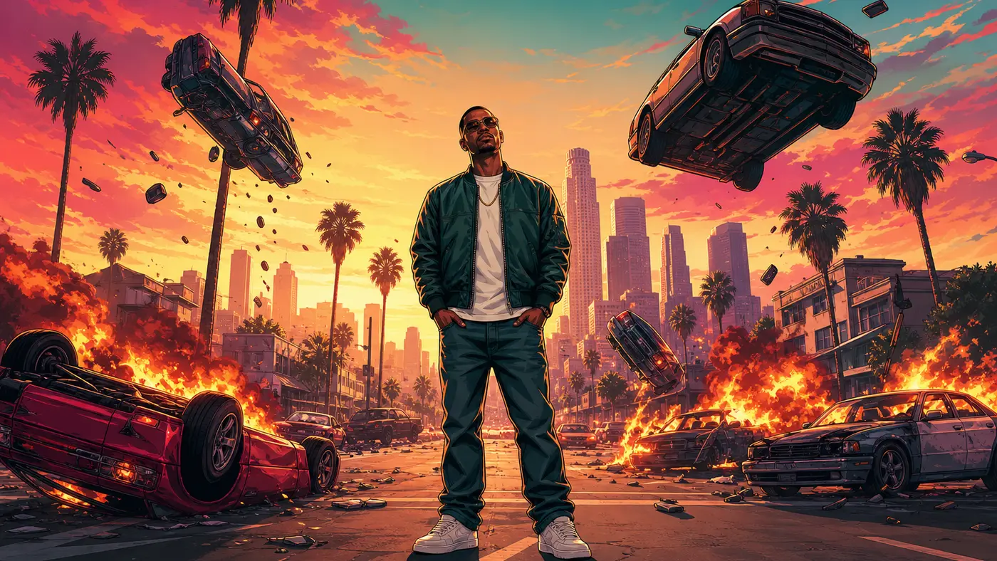 A lone, invincible character standing amid a pile-up of burning cars and weightless vehicles at sunset over a Los Santos-style coastal city, illustration