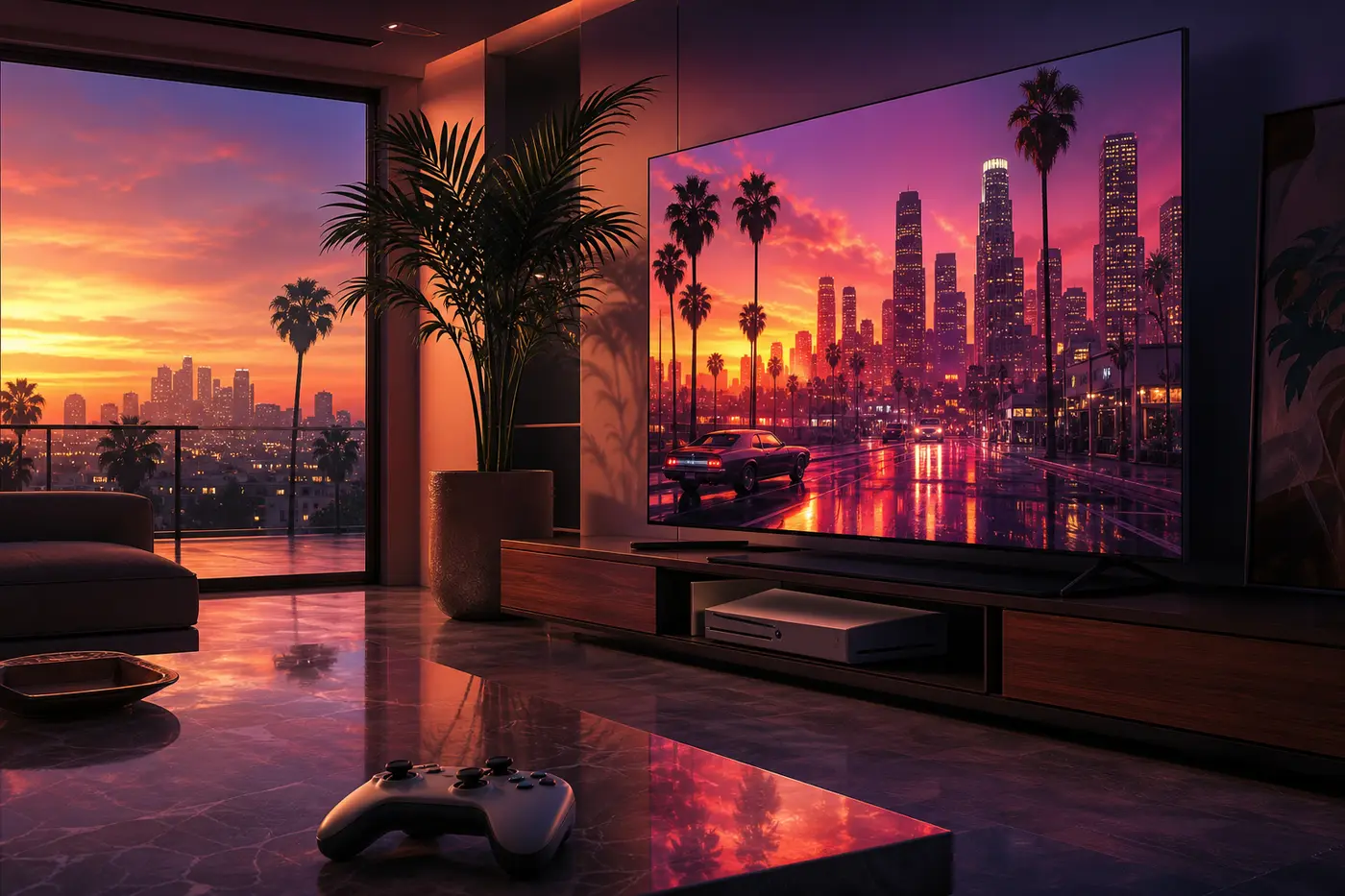 Illustration of a modern living room with a current-gen console sitting under a large 4K TV showing the Los Santos skyline at sunset, neon reflections on the floor, a controller in the foreground
