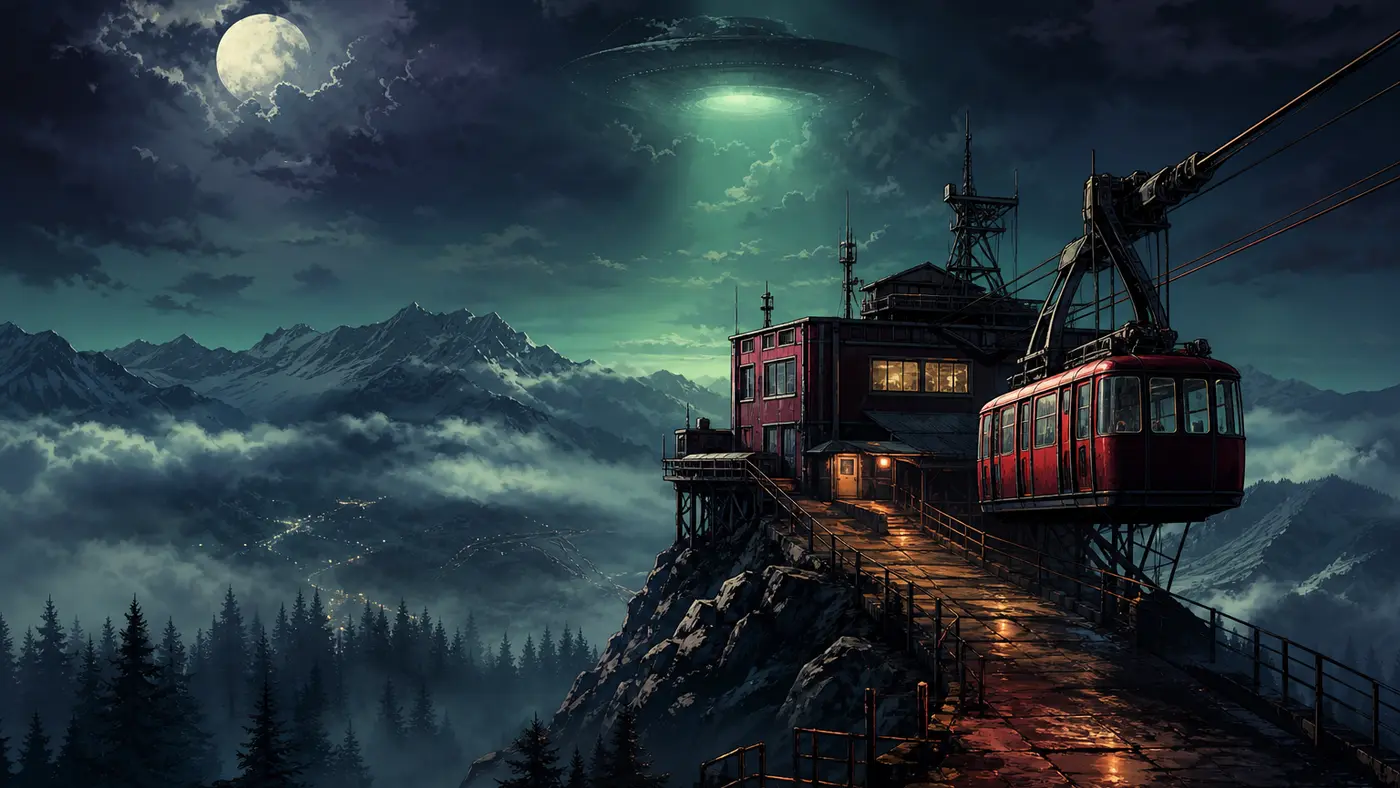 Nighttime illustration of the foggy summit of Mount Chiliad in GTA 5: the red cable-car station perched on the ridge, a sea of clouds over the forest below, a full moon and the greenish glow of a hazy flying saucer in the stormy sky