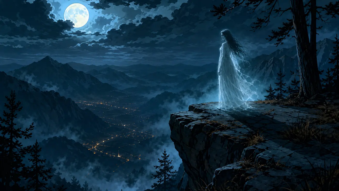 Nighttime illustration of a ghostly female figure in a white dress, with long black hair, at the edge of a foggy Mount Gordo cliff, a full moon and the lights of a valley far below