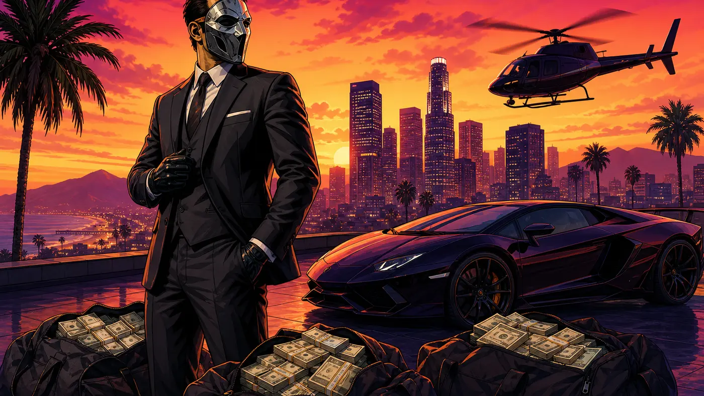GTA cover-style illustration: a heister in a suit on a Los Santos rooftop at sunset, bags of cash at his feet, a supercar and helicopter in the background