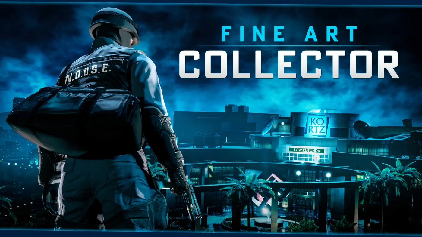 Official promotional art for the Fine Art Collector program: an operative in N.O.O.S.E. gear, a bag and rifle on their back, watching the blue-lit Kortz Center at night, a large rotunda museum building ringed by palm trees, with the Fine Art Collector title overlaid