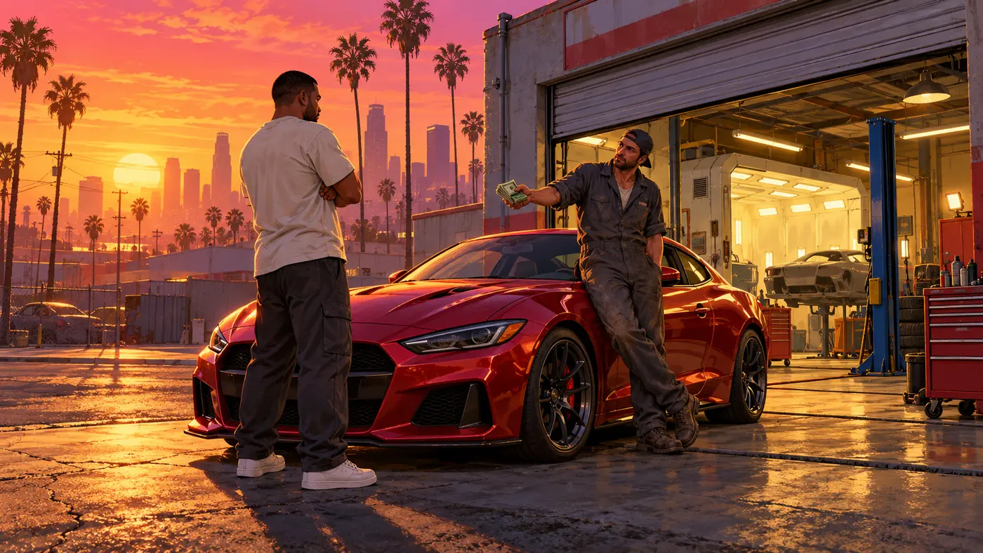 Illustration of a mechanic leaning on a red sports coupe and holding out a handful of dollar bills to a man with crossed arms, in front of a Los Santos body shop at sunset