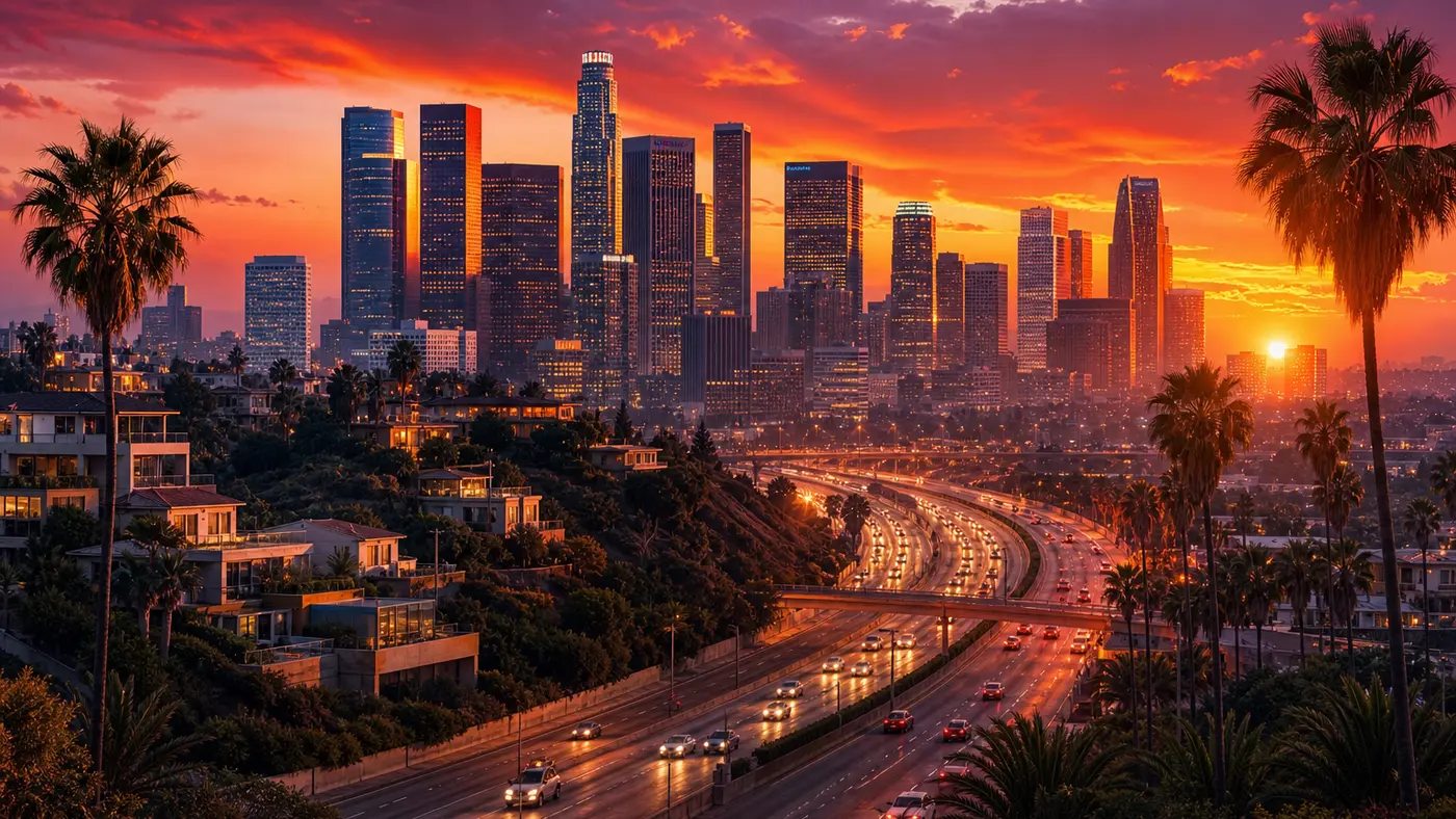 Illustration of the modern Los Santos skyline at sunset, downtown skyscrapers, the Vinewood hills in the background, a freeway and palm trees in the foreground, 2013 vibe