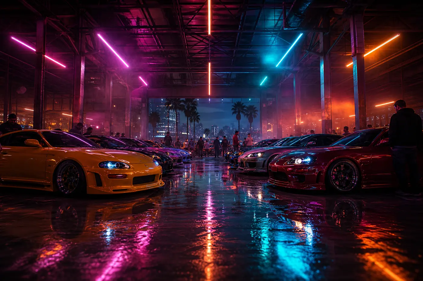 View of a nighttime tuner car meet in a Los Santos warehouse, two rows of sports cars under magenta and cyan neon, wet reflective floor, LS Car Meet style