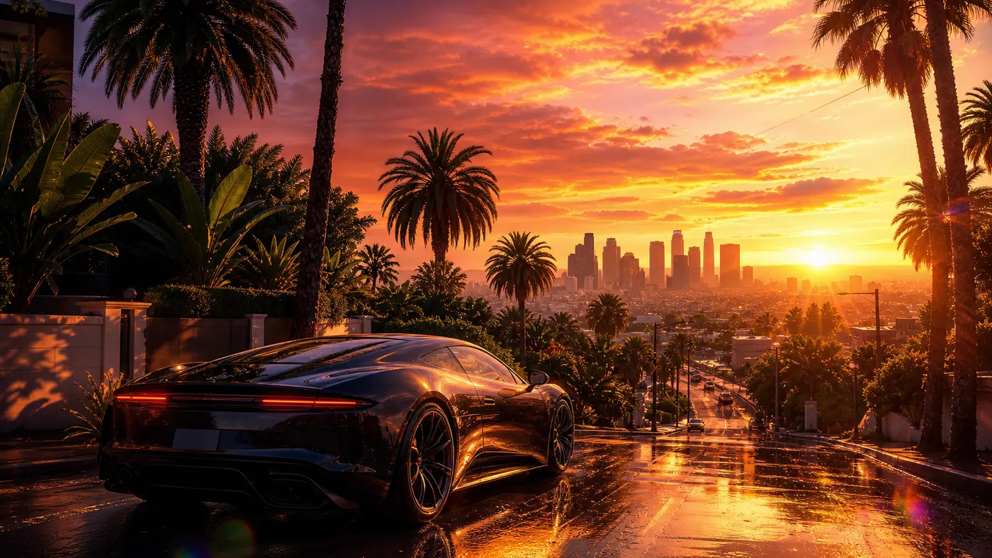 GTA cover-style illustration of a photorealistic Los Santos boulevard at sunset, palm trees and wet reflections on the asphalt, a sports car at a standstill, an orange sky and neon, hyper-detailed rendering evoking a graphics mod