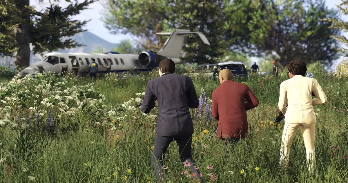 GTA Online screenshot: three players in suits walk through a field of flowers toward a private jet, guarded by federal agents