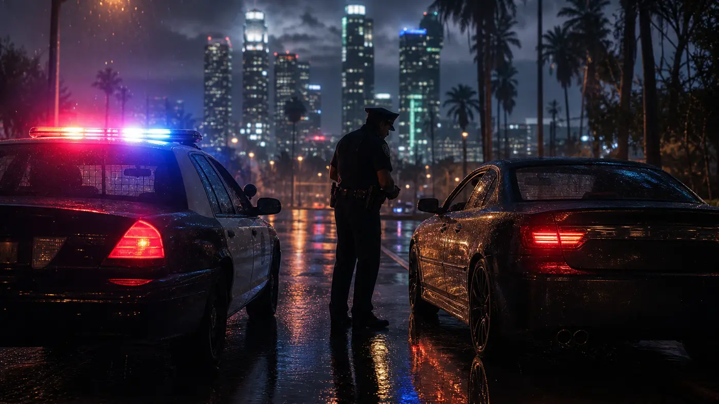 Illustration of a nighttime police roleplay scene on a Los Santos street, patrol car with lights flashing, an officer pulling over a vehicle, a cinematic mood with no readable logo