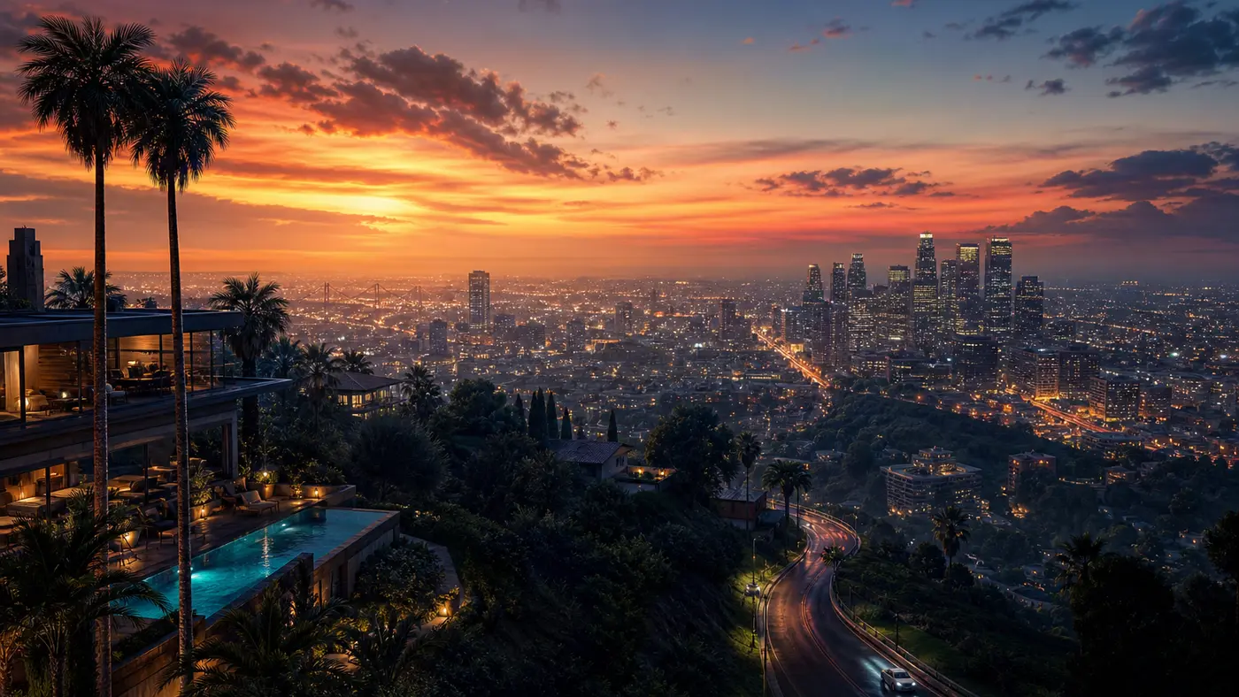 Illustration of a photorealistic view of the Vinewood hills at dusk, lush vegetation, reflections and cinematic lighting, in the style of a high-end GTA 5 graphics mod