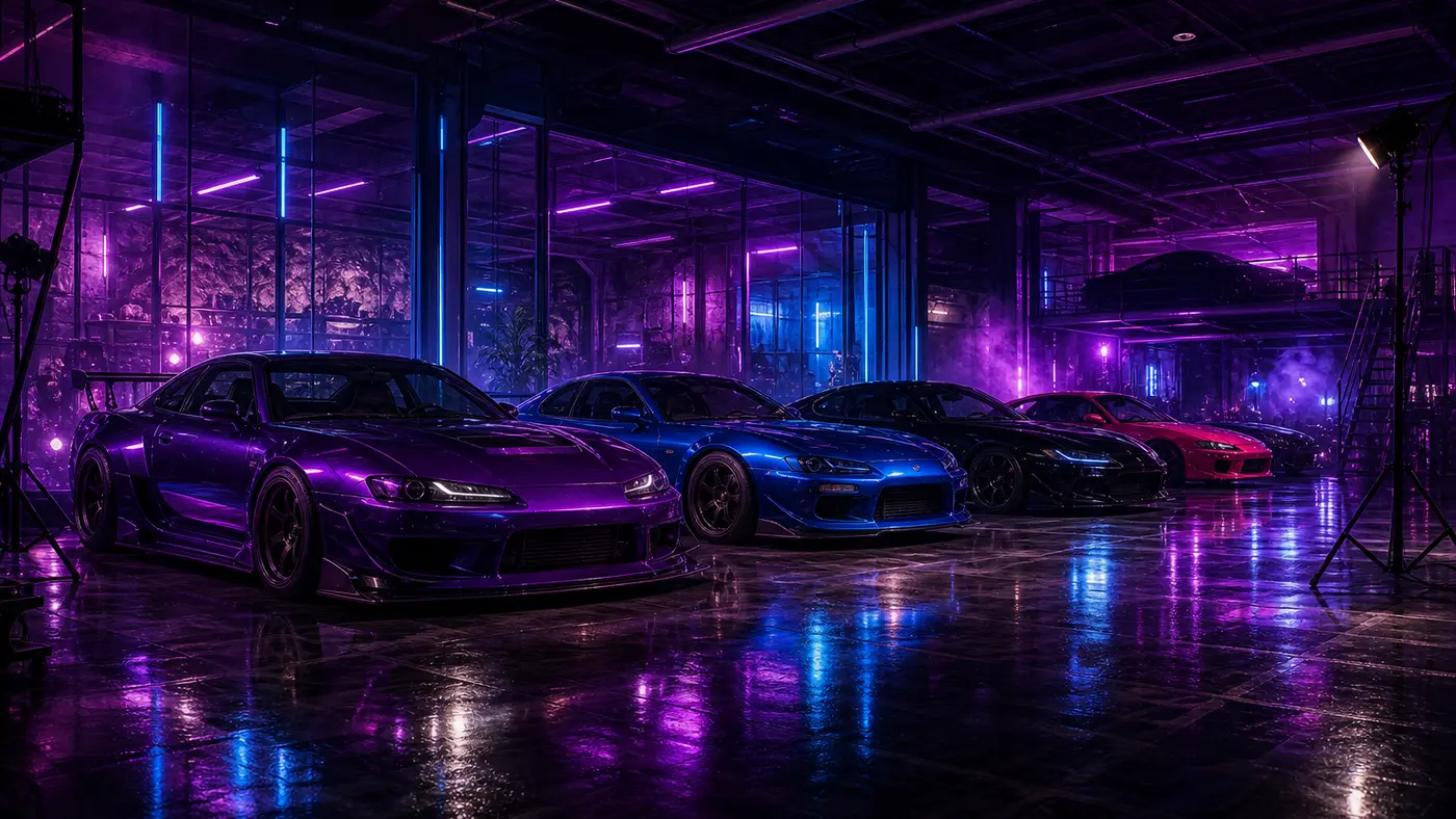 GTA cover-style illustration of an underground garage bathed in purple and blue neon, several customized sports cars lined up, a studio-and-creation vibe, floor reflecting the lights