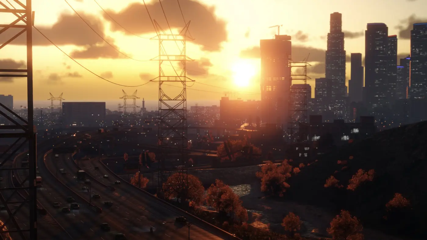 GTA 5 Enhanced screenshot with the NaturalVision Enhanced mod: downtown Los Santos backlit at sunset, power pylons and a freeway in the foreground, skyscrapers in an orange haze