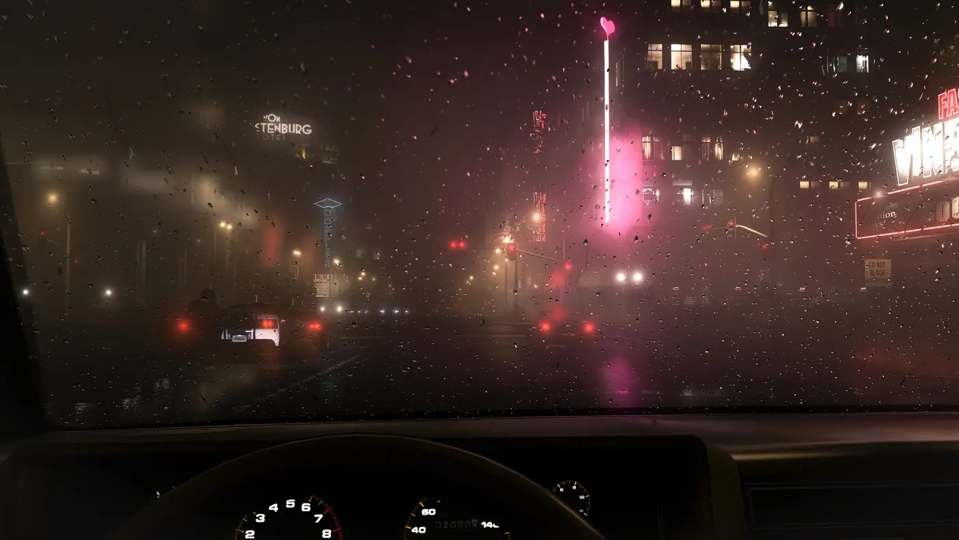 GTA 5 screenshot with the NaturalVision Evolved mod: view from inside a car at night in the rain, drops on the windshield, pink neon and taillights bleeding into the haze