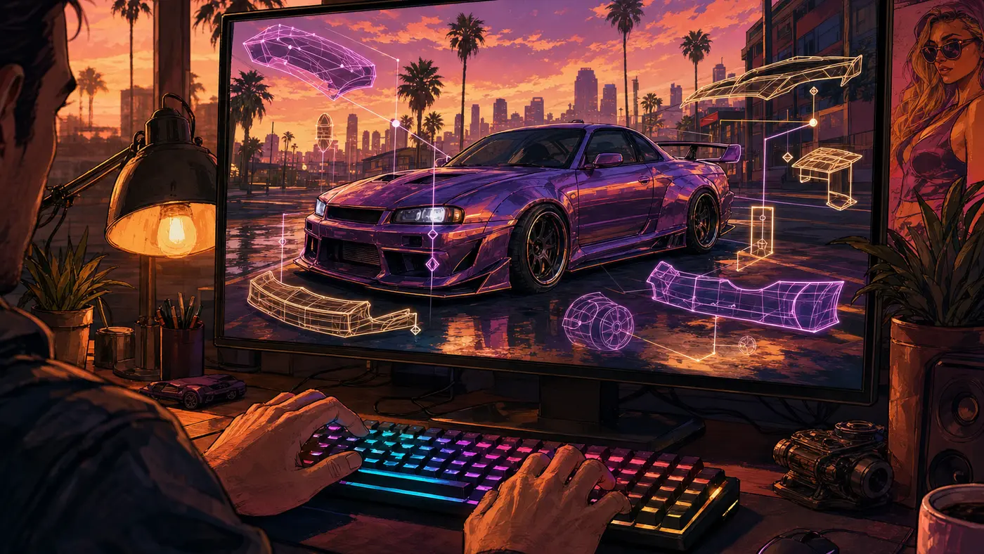 Stylized modding workshop, hands on a backlit keyboard in front of a screen showing game file folders and a vehicle being customized in Los Santos, GTA neon mood